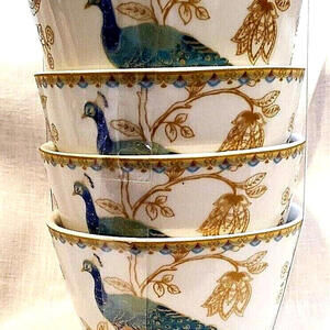 222 Fifth Peacock Garden Bowls Soup set of 4 NWT Teal Blue Gold 3"x4.5" Birds